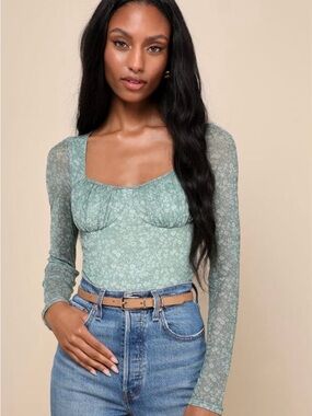 Lulus‎ Bodysuit Womens Medium Green Major Aesthetic Sage Green Ditsy Floral Mesh